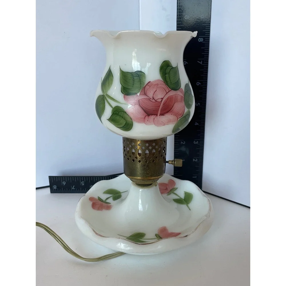 Vintage Milk Glass Hurricane Lamp Hand Painted Pink Roses Ruffled Boudoir Light